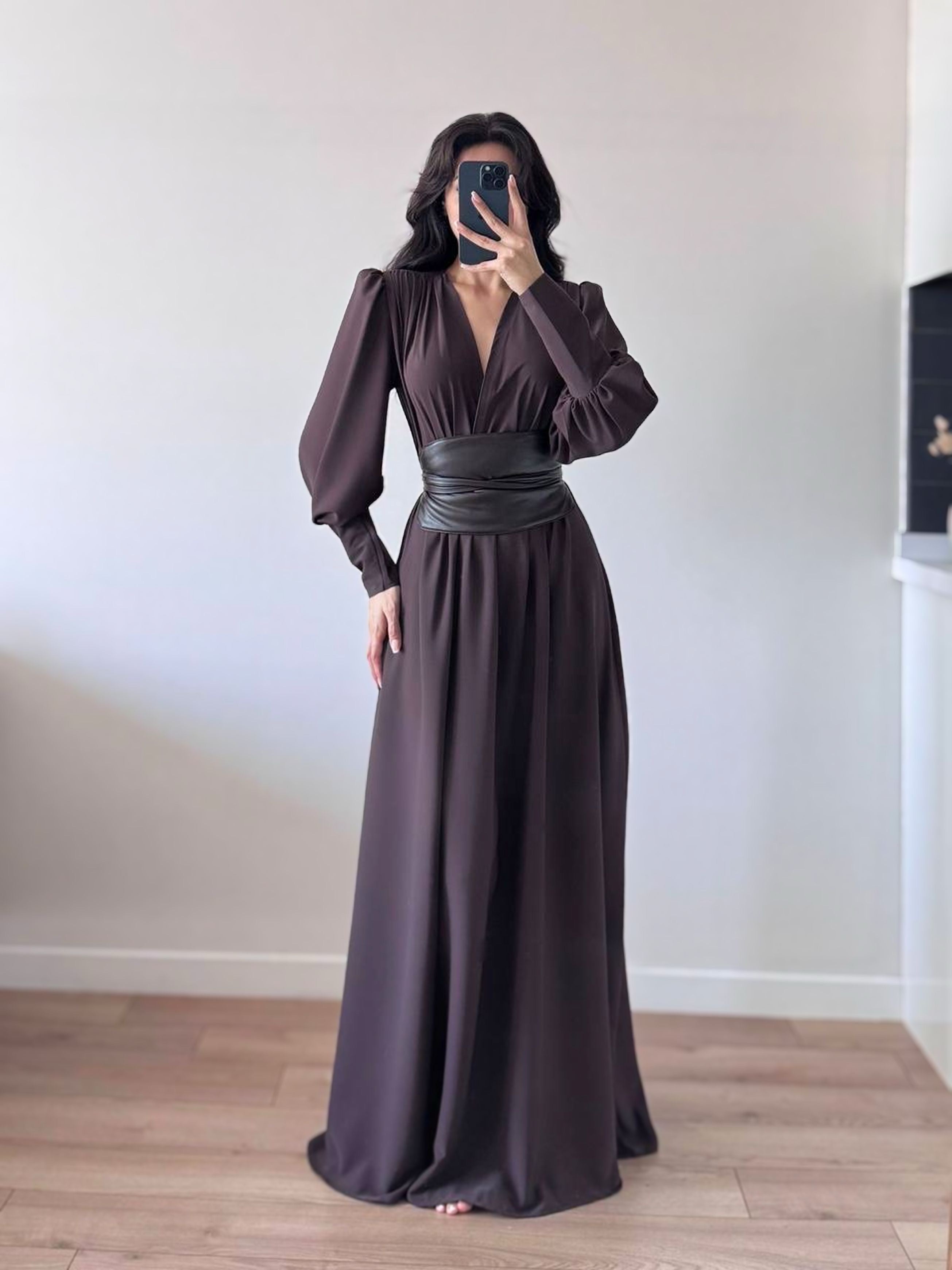 Seyyar Deri Korseli Belden Bağlamalı Elbise