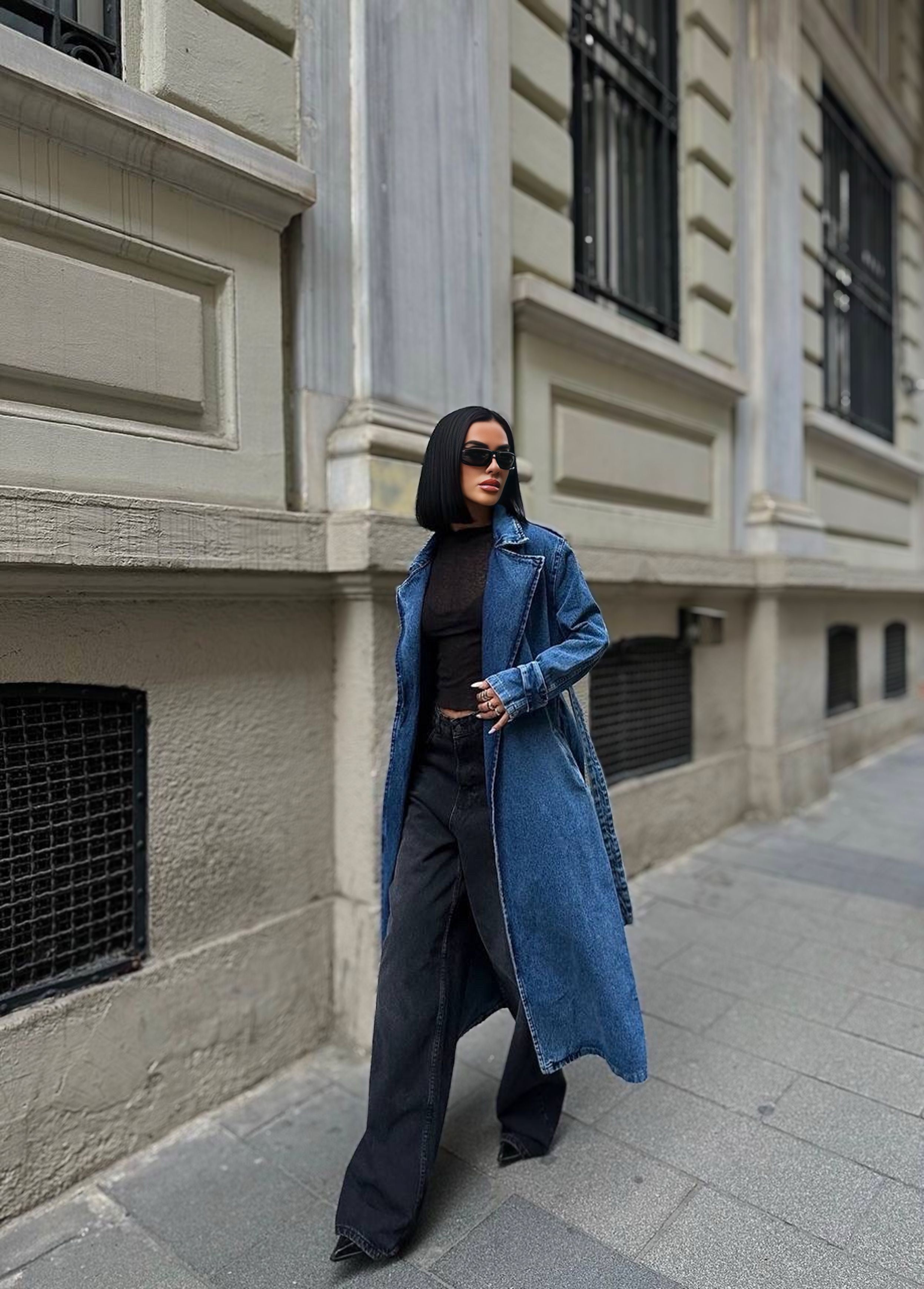 Kuşaklı Denim Trençkot